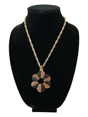 Vintage Crown Trifari Black Enamel Flowers Pendant Necklace 2.05